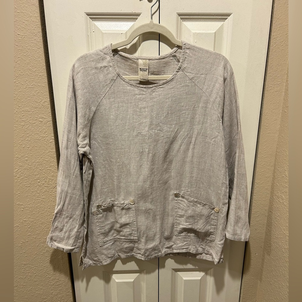 Match Point Pullover Top Linen 100% Pockets Lagenlook Oatmeal , size M